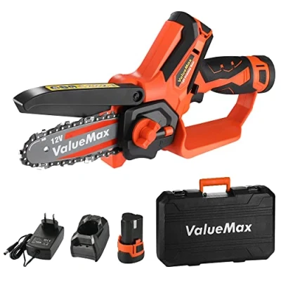 Image de ValueMax Mini Tronconneuse a Batterie 4 Pouces, 12V Tronçonneuse Électrique Sans Fil Portable et 2 * 2000mAh Batteries pour la Coupe du bois, les Branches d&#039;arbres, l&#039;élagage le Jardin