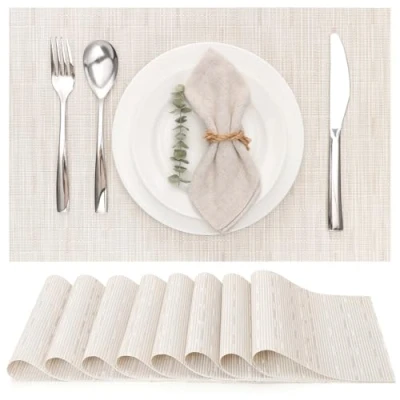 Image de Myir JUN Lot de 8 Sets Table, Tissé Lavable Napperons pour Cuisine ou Table à Manger Résiste la Chaleur Antidérapant Fait en Vinyle (30x45cm) (Beige)