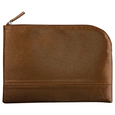 Image de RHODIA 116619C Pochette Zippée en Simili Cuir Bronze Taille M (16 x 22 cm) Coutures Véritables Intérieur Tissu Orange Rangement Documents, Petites Fournitures