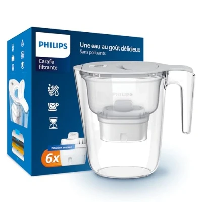 Image de Philips Carafe filtrante +6 cartouches filtrantes de rechange Micro X Clean, débit rapide, blanc, 2,6 litres, minuterie électronique