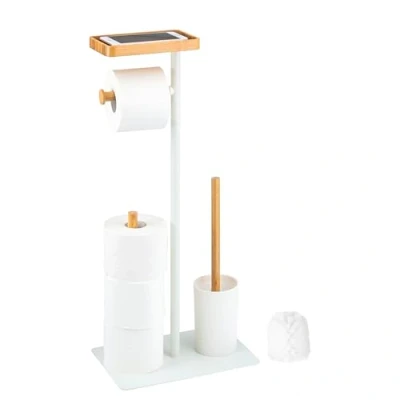 Image de eluno Ensemble WC 4 en 1, Brosse WC, Porte Rouleau de Rechange, Plateau Bambou/métal (Blanc)
