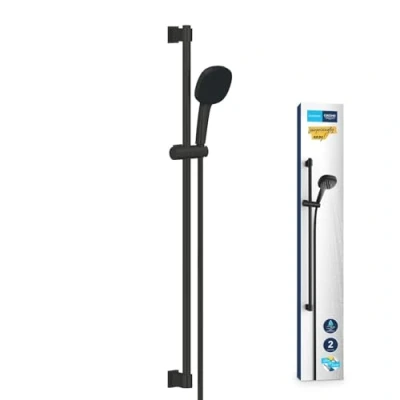 Image de GROHE Vitalio Comfort 110, Ensemble de Douche avec Douchette Carrée 2 jets, Barre 90cm, Flexible 1,75m, Economie d&#039;Eau, A coller QuickGlue ou à visser, Noir Mat, 269302431