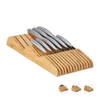 Image de Relaxdays Porte Couteaux, pour 13, tiroir, Vide, à Poser, Plat, en Bambou Naturel, HLP: 5 x 17 40 cm, Couleur Nature