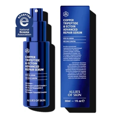 Image de ALLIES OF SKIN Copper Tripeptide &amp; ECTOIN ADVANCED REPAIR SERUM with 2% Ectoin, Lysinate Complex, Acetyl Hexapeptide 8 and 1% Complex 30ml / 1 oz