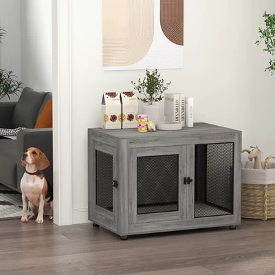 Image de PawHut Table basse en bois avec cage à chien, surface 94x60x71,5cm