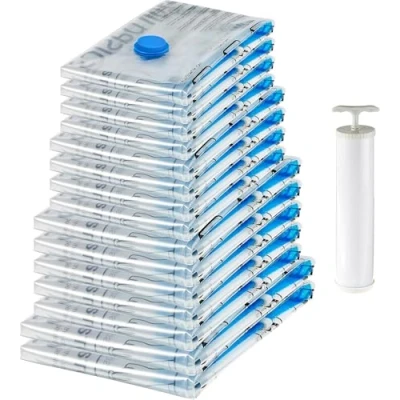 Image de Amazon Basics Lot de 15 housses rangement sous vide avec pompe manuelle Fermeture éclair (2 x und 5 jumbo, 4 tailles L, taille M), Multiple, Transparent, Bleu