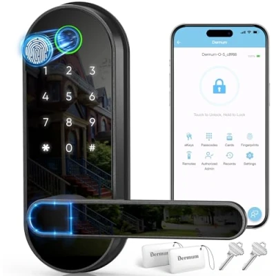 Image de serrure intelligente numérique à empreinte digitale sans clé : de porte électronique avec code passe, bouton électrique, poignée biométrique (noir)