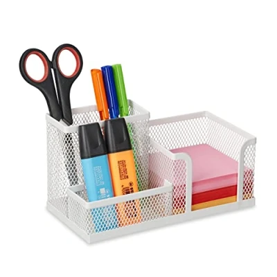 Image de Relaxdays Organiseur Bureau, 3 Compartiments, Aspect Maille, HLP : 10 x 18,5 9,5 cm, Bloc mémo et Porte stylos, Blanc