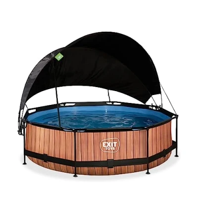 Image de EXIT TOYS Piscine Wood avec Voile d&#039;Ombrage ø300x76cm Hors Sol Ronde Pompe Filtrante à Cartouche Protection Optimale Contre Les Rayons UV Entrée Basse Design Unique Marron