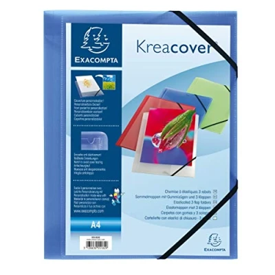 Image de Exacompta Réf. 55182E Paquet 5 chemises à élastiques Kreacover pochettes 3 rabats en polypropylène translucide dimensions 24 x 32 cm pour documents au format A4 couleur bleu