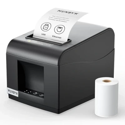 Image de MUNBYN Imprimante de Reçus Thermique USB 80mm, POS Ticket Caisse Ethernet, Cuisine Supermarché avec Support Coupe Automatique pour Windows/Mac/Linux, Command ESC/POS, Noir