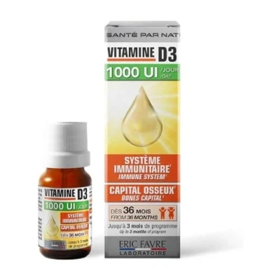Image de Vitamine D3 Vitamines et E Naturelles Renforce Capital Osseux Système Immunitaire pour tous Compte gouttes de 20ml (400goutes) Laboratoire Français, Eric Favre