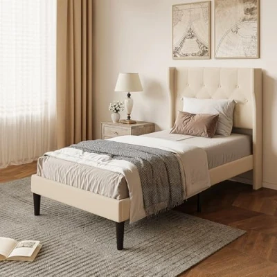 Image de Xbro Lit Rembourré 90 x 200 cm,Forme avec Support de Lattes en Bois,Lit Simple,Facile à Assembler et Stable,20 cm Rangement,Beige