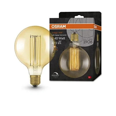 Image de OSRAM Vintage 1906 gold tinted LED lamp, 5.8W, 470lm, globe shape with 80mm diameter &amp; E27 base, warm white light, straight filament, dimmable, life of up to 15,000 hours