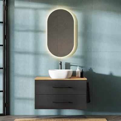 Image de Planetmöbel Lux Ensemble de meubles salle bain avec lavabo 90 cm, à poser et 42 cm blanc, meuble chêne doré/anthracite
