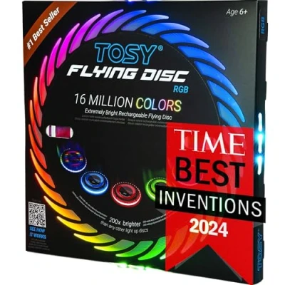 Image de TOSY Disque Volant 16 Millions de Couleurs RVB ou 36 LED, Lumineux, Modes Intelligents, Auto on/Off, Rechargeable, Anniversaire, Cadeau Noël pour Hommes/Garçons/Adolescents/Enfants, Frisbee 175g