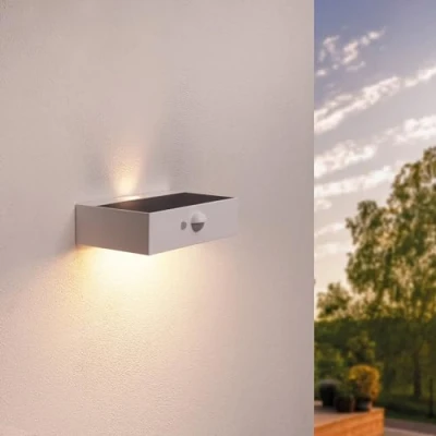Image de Ledvion Applique solaire avec capteur de mouvement moderne, blanc, 3 W, 3000 K, IP65 étanche et 220 lumens, détection interrupteur crépusculaire, efficacité énergétique