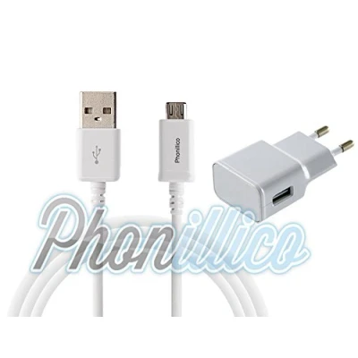Image de Phonillico® Cable USB + Chargeur Secteur Blanc pour Samsung Galaxy J7 2017 Universel Port Micro Data Synchronisation Transfert Donnees Mesure 1 Metre Prise Murale