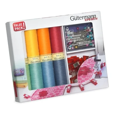 Image de Guetermann Kit de fil à Coudre avec 8 bobines Pour Tout 100 m dans des coloris gais + Pinces et Épingles GUT_734568 Taille Unique Multicolore