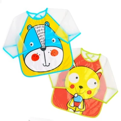 Image de Ti TIN Lot de 4 Tabliers Respirant et Imperméables, 33x65 cm Plastique Laminé Bavoirs Bébés avec Manches 9 à 12 mois Fermeture Scratch Motif Animaux Multicolore