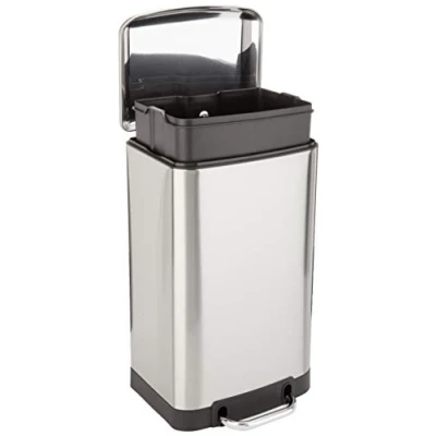 Image de Amazon Basics Petite poubelle rectangulaire résistante aux taches avec pédale, fermeture en douceur, pour salle de bain, chambre à coucher, salon ou bureau, 20 l, nickel