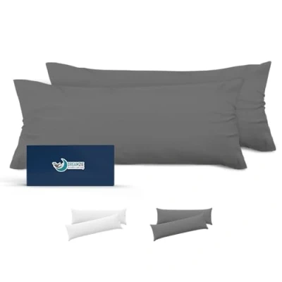 Image de Dreamzie Taie de Traversin 40x135 Lot 2 en Microfibre Certifiée Oeko Tex Housse 135x40 Douce Et Brossée, Toucher Peau Pêche Anthracite