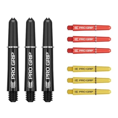 Image de Target Darts Pro Grip Shafts Set of 9 3 Colours, Black/Yellow/Red Courte, 34mm Dart Stems, Accessoires de fléchettes Professionnels, 2BA Shaft Multipack avec Anneaux
