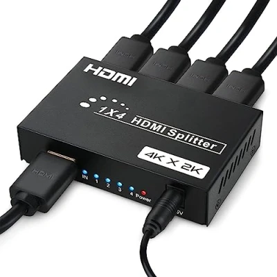 Image de Répartiteur HDMI 1 entrée 4 Sorties, 1x4 Splitter 4K Distributeur Audio Vidéo avec Adaptateur Secteur, Supporte 3D, HDCP, Compatibilité HDTV, Xbox, PS4, Lecteur Blue Ray, Projecteur