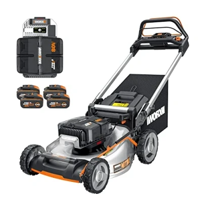 Image de WORX NITRO Tondeuse à gazon Brushless sans fil 80V 4,20V,4Ah WG761E 51cm Jusqu&#039;à 1000m² sur une charge (Livrée avec 4 batt. 20V 4Ah, un chargeur, sac de 70 L,mulching, 7 positions coupe)