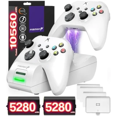 Image de Fosmon Dual 2 Max Chargeur Compatible avec Manette Xbox Series X/S (2020), One/One X/One S Elite Controllers, (Two Slot) Docking Station 2X 2200mAh Batteries Rechargeables Blanc