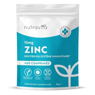 Image de Zinc 15 mg 400 Comprimés Végétaliens (12 mois) Complement Alimentaire maintenir d&#039;un Système Immunitaire Normal, des Os, Cheveux et Ongles de la Peau Absorption élevée Nutravita