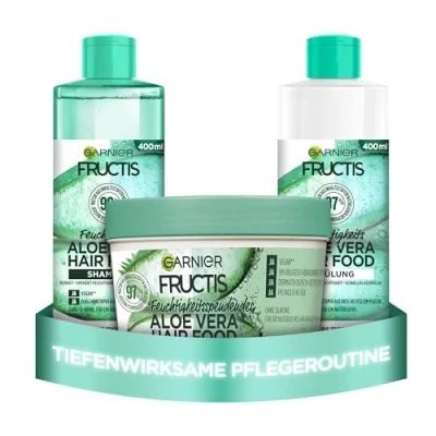 Image de Garnier Fructis Hair Food Lot de 3 flacons 400 ml pour cheveux secs avec masque en 1, shampoing et après shampoing, soin anti frisottis