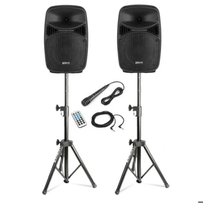 Image de Vonyx Pack Sono Système de Sonorisation 400W avec 2 Enceintes Active et Passive Supports Réglables, Bluetooth, Micro,