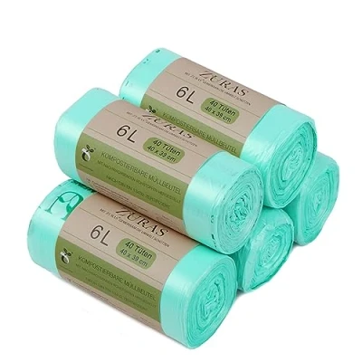 Image de ZURAS® 6 litres Sacs poubelle biodégradables 200 pcs. compostables et à base végétale, certifiés testés DIN EN 13432, résistants la déchirure étanches l&#039;eau
