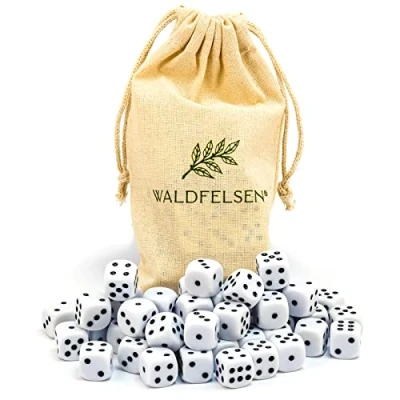 Image de Waldfelsen Lot de 6, 12, 20, 30 ou 50 dés haute qualité taille standard 16 mm en acrylique Cube jeu Dice 6 côtés à six Accessoires avec sac tissu (blanc, pièces)