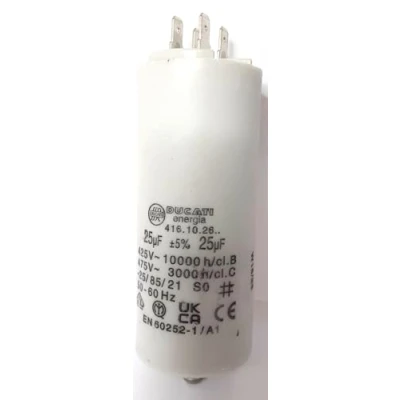 Image de Condensateur moteur permanent en polypropylène DUCATI 25uf 450 volts cosse faston double 6.3MM et vis M8