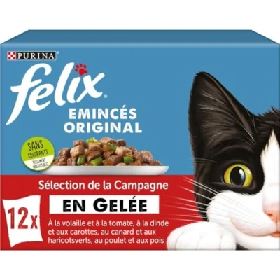 Image de FELIX Émincés en Gelée Chat Adulte Sélection de Poulet Petits Pois, Dinde Carottes, Volaille Tomates, Canard Haricots Verts Lot 12 x 85 g Sachet fraicheur