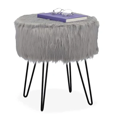 Image de Relaxdays Tabouret Fourrure, Pouf matelassé, Longs Poils, Structure en métal, pour Coiffeuse, HxD : 41x37 cm, Gris/Noir