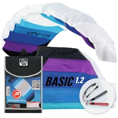 Image de Wolkenstürmer Paraflex Basic 1.2 Aile de Traction, Bleu Prêt à l&#039;emploi cerf Volant 2 Lignes pour débutants et Enfants partir 6 Ans Voile Traction Kitesurf