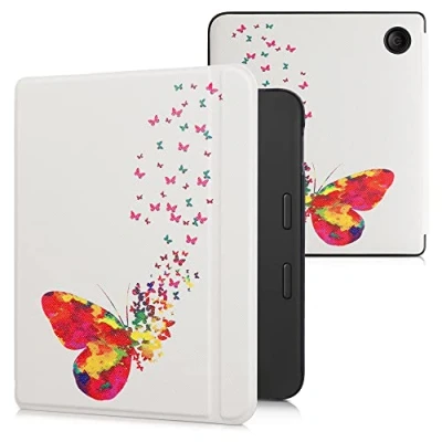 Image de kwmobile Étui Compatible avec Kobo Libra 2 Coque à Rabat magnétique Tablette eReader Similicuir Multicolore Fuchsia Blanc