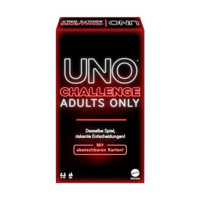 Image de Mattel Games UNO Challenge Adults Only Jeu de Cartes pour Adultes, 18 Jeux Les soirées Jeu, Voyages et fêtes Version Allemande Dare JBF58