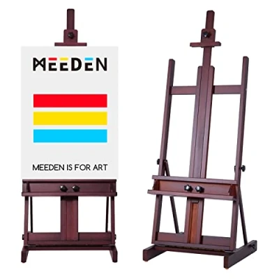 Image de MEEDEN chevalet de studio en bois hêtre avec cadre H, très résistant, sol réglable, pour acrylique, peinture à l&#039;huile, peut contenir une toile jusqu&#039;à 195,6 cm