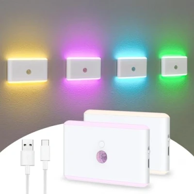 Image de AVEKI Veilleuse à détecteur de mouvement, 7 couleurs, rechargeable, avec capteur du crépuscule l&#039;aube, mini lumières d&#039;escalier intensité variable, petites appliques murales pour chambre
