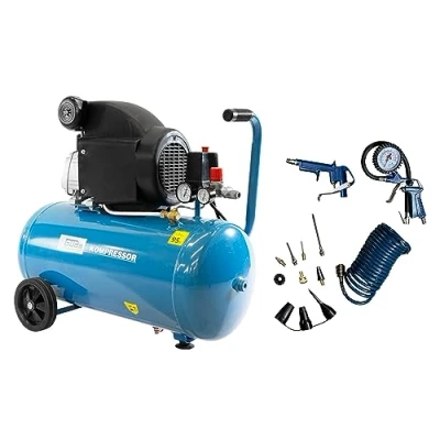 Image de Güde 301/10/50 Kit compresseur 12 pièces (lubrifié à l&#039;huile, max. 10 bar, chaudière 50 l, 1800 W, eff. Quantité 175 l/min, réducteur de pression, 2 manomètres, vis vidange d&#039;eau, protection