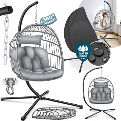 Image de KESSER® Fauteuil Suspendu Effet Jungle avec Structure en Acier Panier Grand Coussin + Fixation pour Plafond Balançoire Suspendue intérieur et extérieur