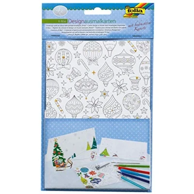 Image de folia 14902 Lot de 4 cartes à colorier Motif x Mas avec enveloppes Idéal pour faire vos propres vœux Noël Multicolore 10,5 14,5 cm