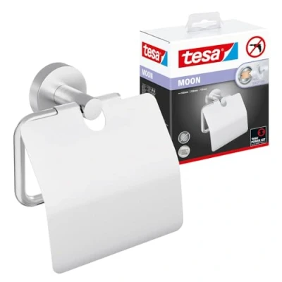 Image de tesa MOON dérouleur papier toilette avec couvercle, l&#039;élégant support à wc en métal chromé impressionne par son design arrondi classique et montage simple, 53 mm x 140 128