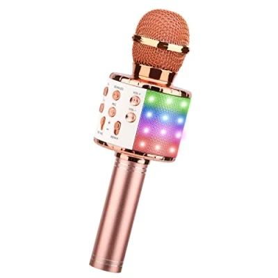 Image de ShinePick Microphone Karaoke sans Fil, Micro Karaoké Bluetooth Portable avec LED Lumière Disco pour Enfants/Adultes Chanter, Compatible Android/iOS/PC/Smartphone (Or Rose)