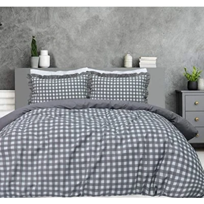 Image de Sleepdown Parure de lit avec Housse Couette et taies d&#039;oreiller à Volants Motif Vichy Gris uni King Size (230 x 220 cm)