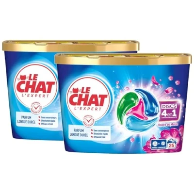 Image de Le Chat L&#039;Expert Disc 4en1 Parfum Longue Durée Sans Conservateurs Dissolution Rapide Ingrédients Sélectionnés avec Soin Efficace à Froid Respect des Fibres Efficacité 25 Capsules